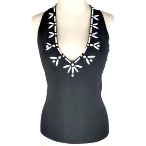 David Meister Halter Top With Beaded Detail Low Cut Black Size M
